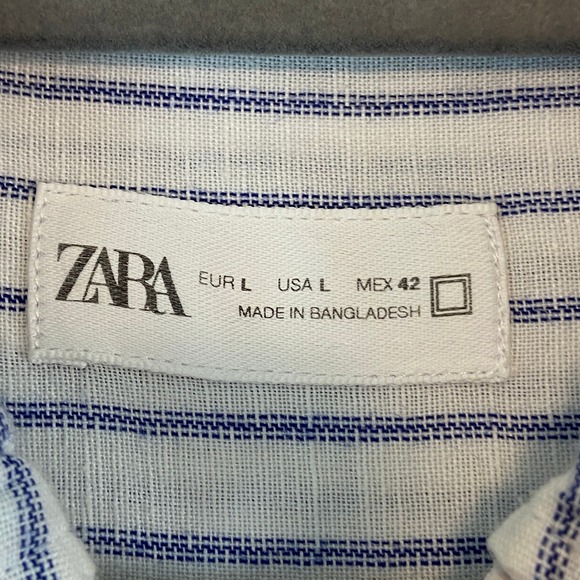 Zara Linen Cotton Blend Shirt Men's L White Striped Coastal Minimalist - Picture 3 of 5